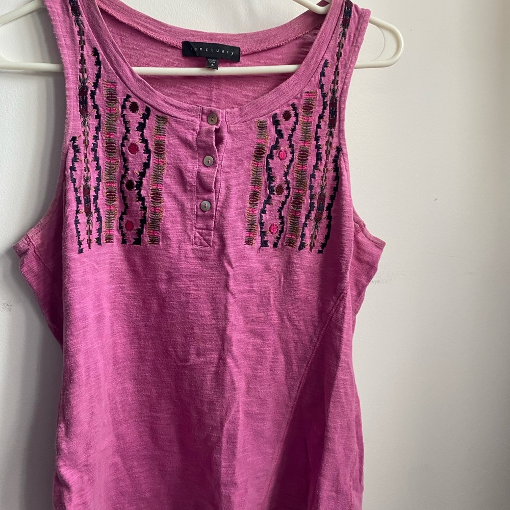 Sanctuary Fuchsia Embroidered Henley Tank